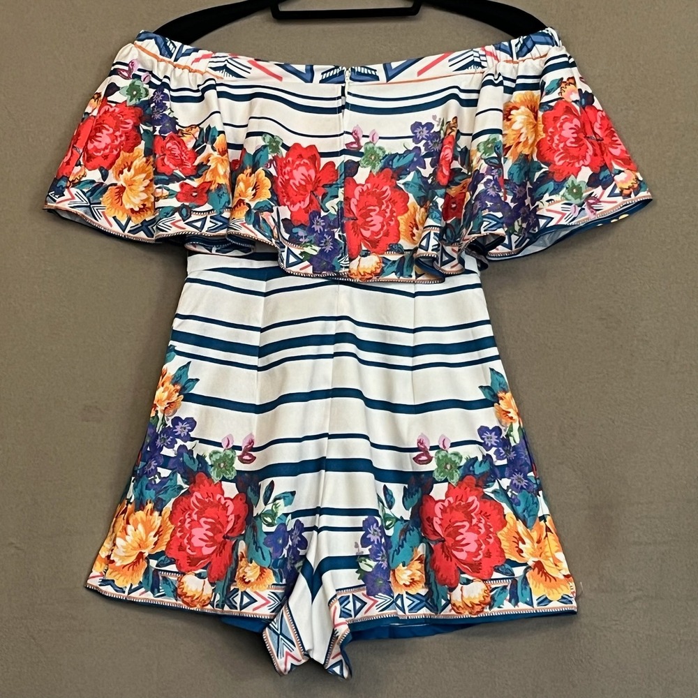 Flying Tomato Floral Romper Shorts‎ 1 piece Off Shoulder Striped Summer Outfit S